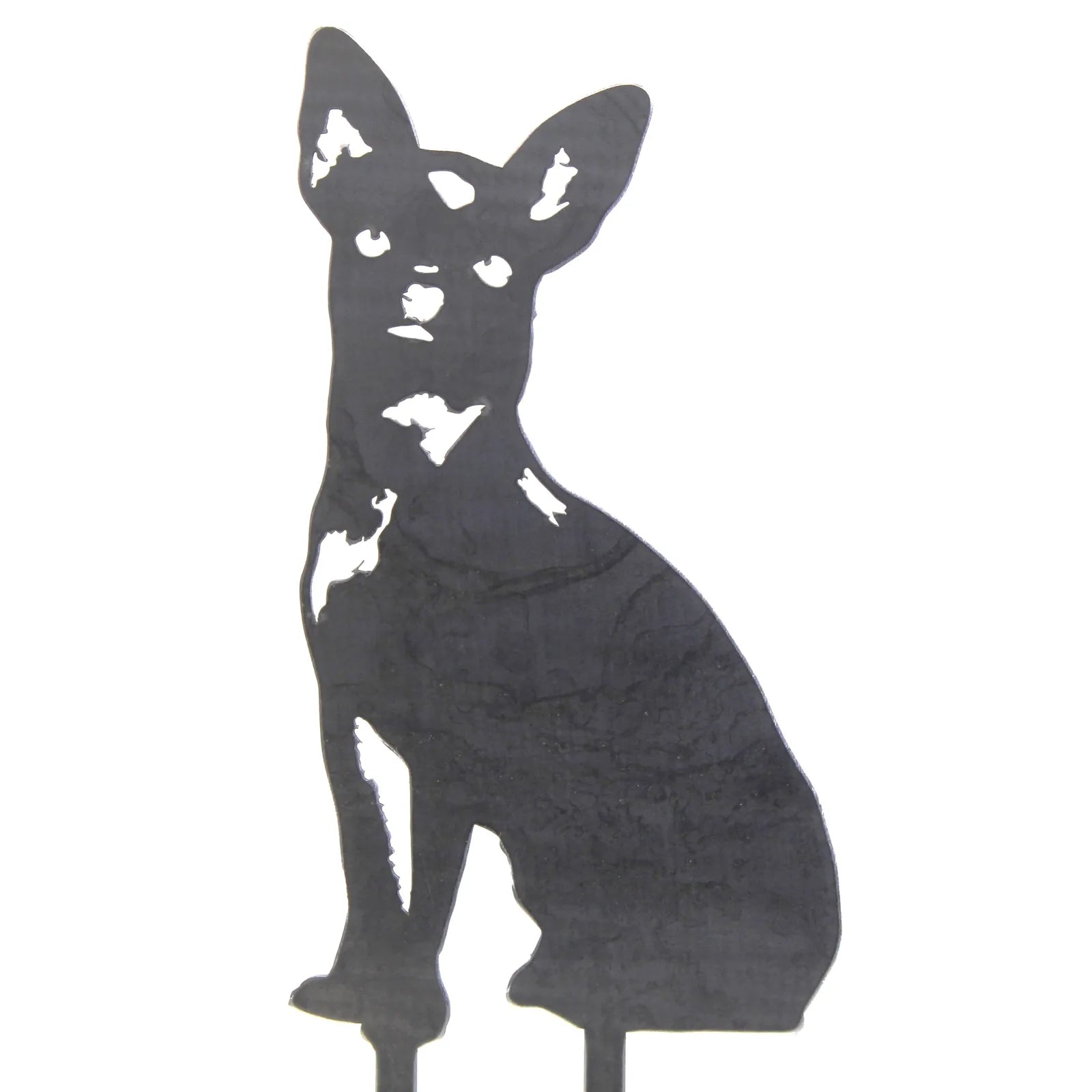 Charming black metal silhouette of a Chihuahua, ideal for outdoor decor or garden art.