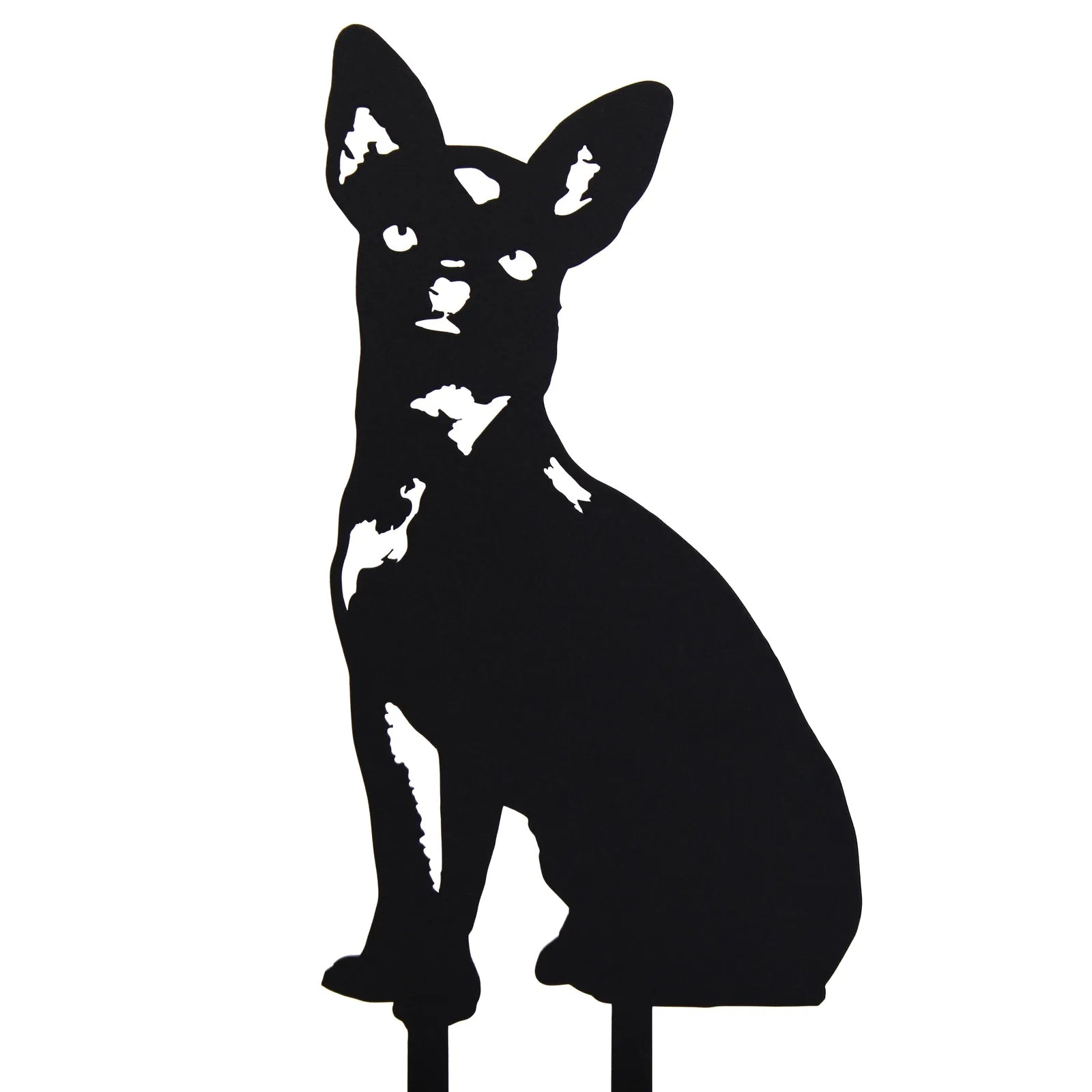 Black metal silhouette of a sitting Chihuahua dog, designed for garden decor, featuring detailed cutouts and sturdy stakes.