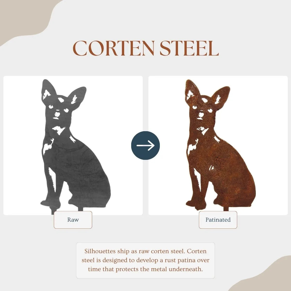Handmade metal silhouette of a Chihuahua in raw and patinated Corten steel, showcasing its weathered texture and durability.
