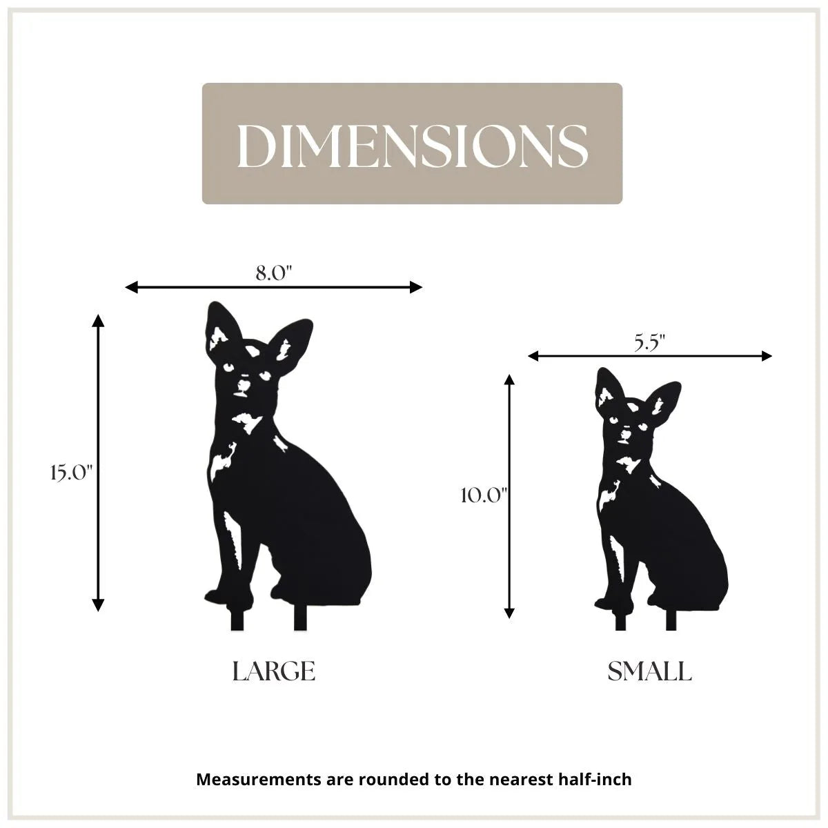 Black metal silhouette of a Chihuahua dog, showing dimensions for large (15") and small (10") sizes for wall art.