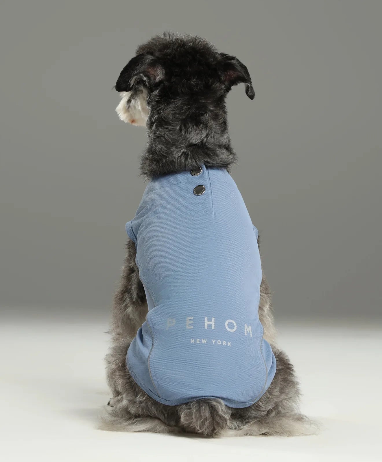 Dog wearing a lightweight blue chill vest shirt with reflective accents, showcasing the PEHOM NYC logo.