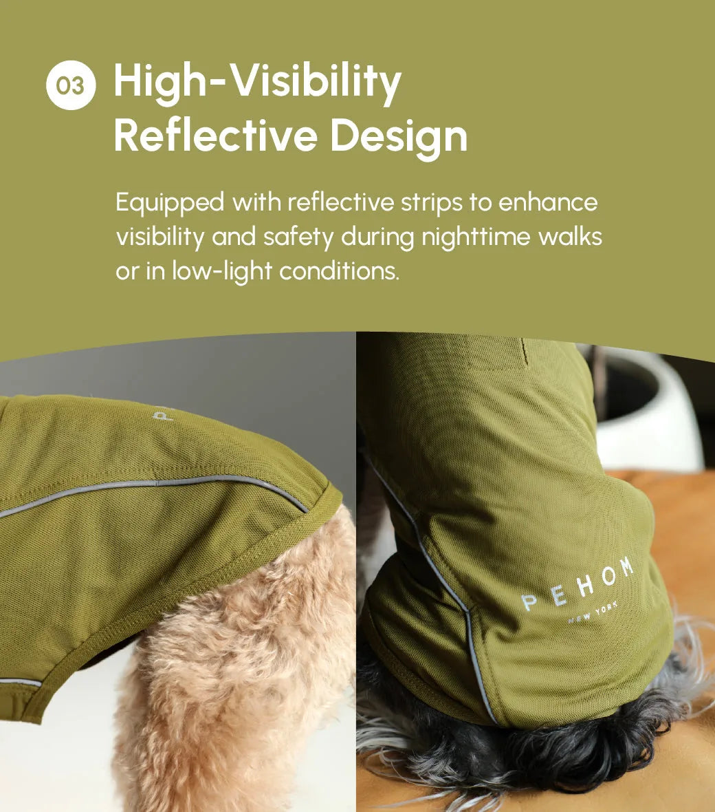 Green CHILL VEST SHIRT featuring reflective strips, designed for dog comfort and visibility during nighttime walks.