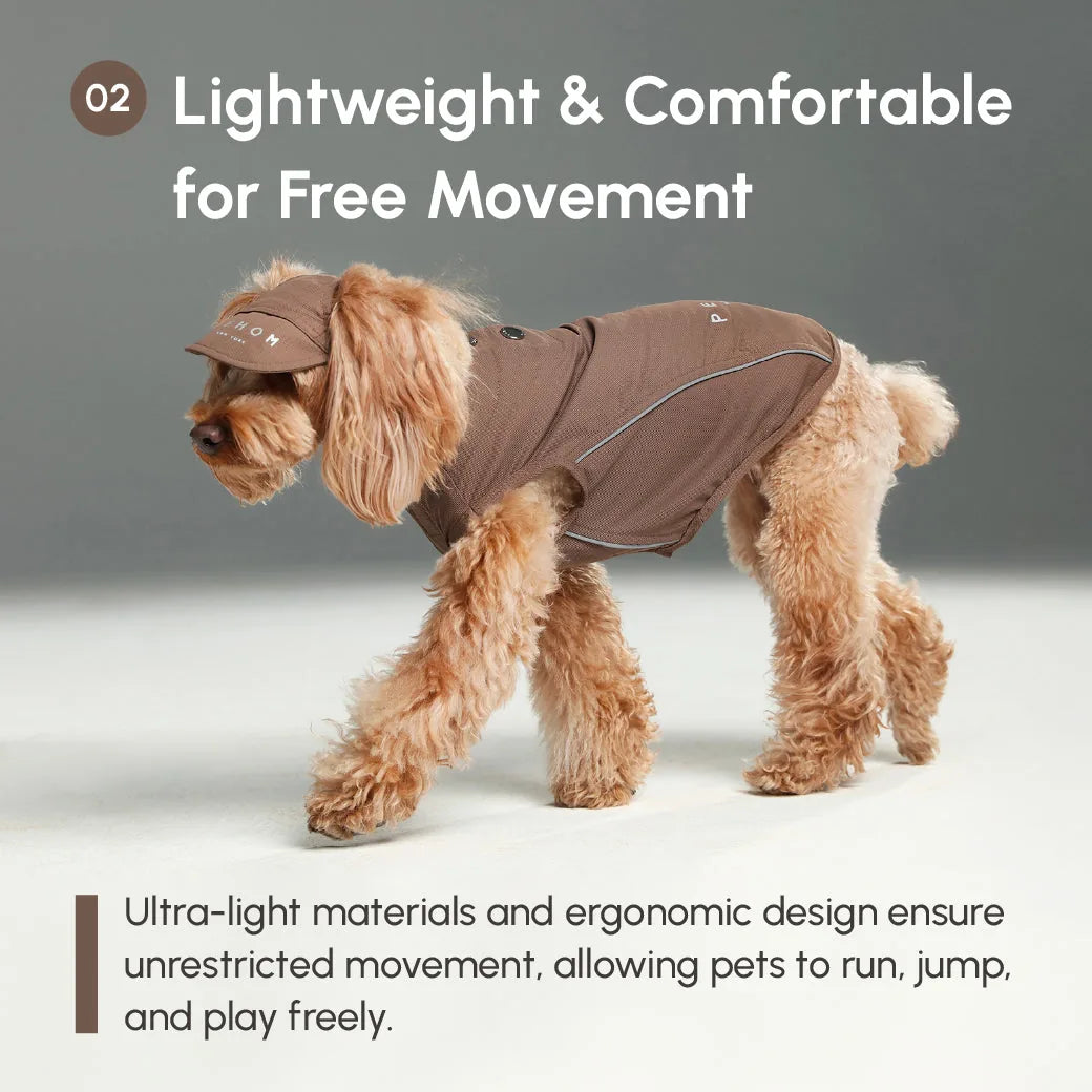 Lightweight mocha dog vest shirt with reflective strips ensuring comfort and freedom of movement for active pets.
