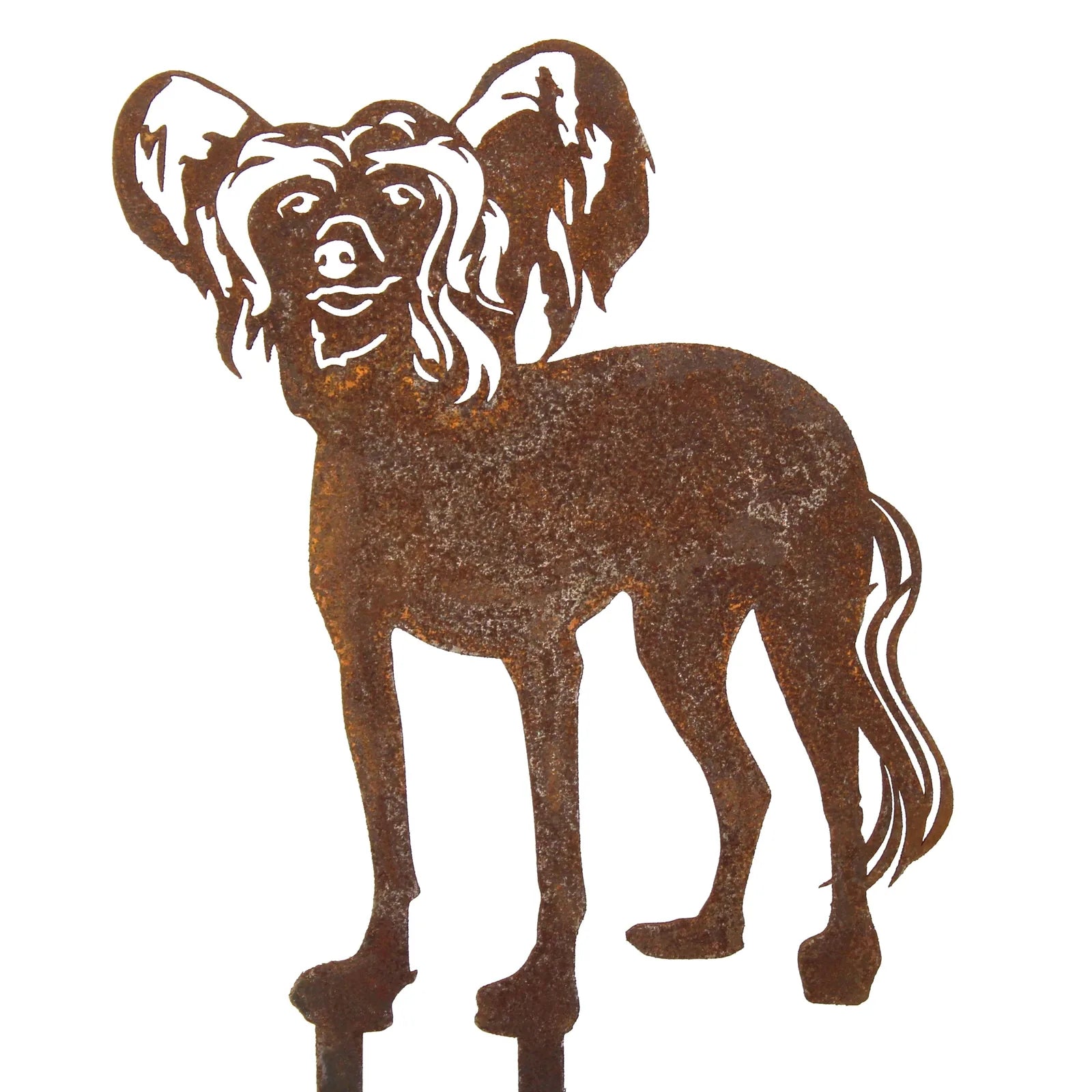 Corten steel silhouette of a Chinese Crested dog, featuring symbolically raised ears and a playful expression.