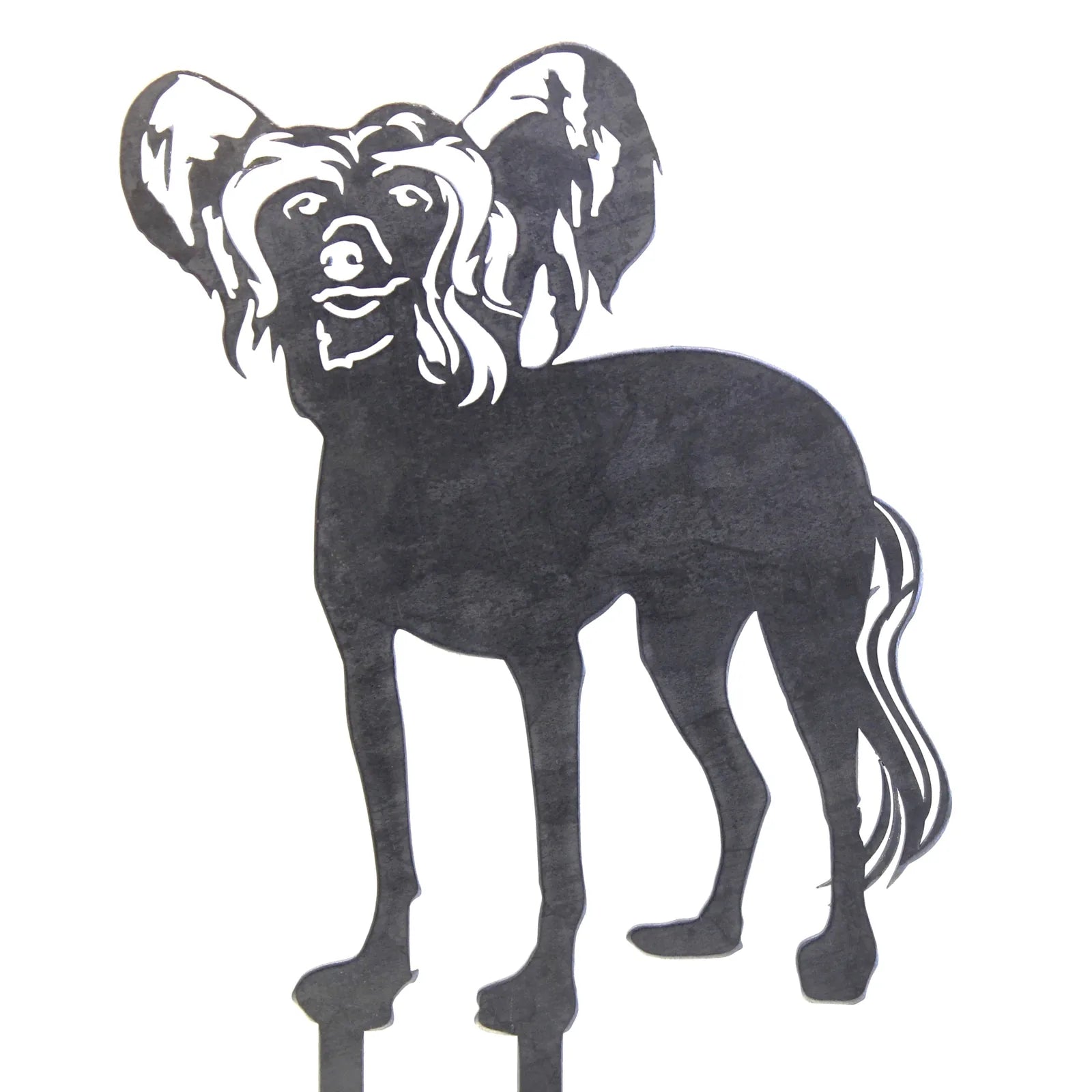 Handmade metal silhouette of a Chinese Crested dog in matte black, perfect for outdoor garden decor.