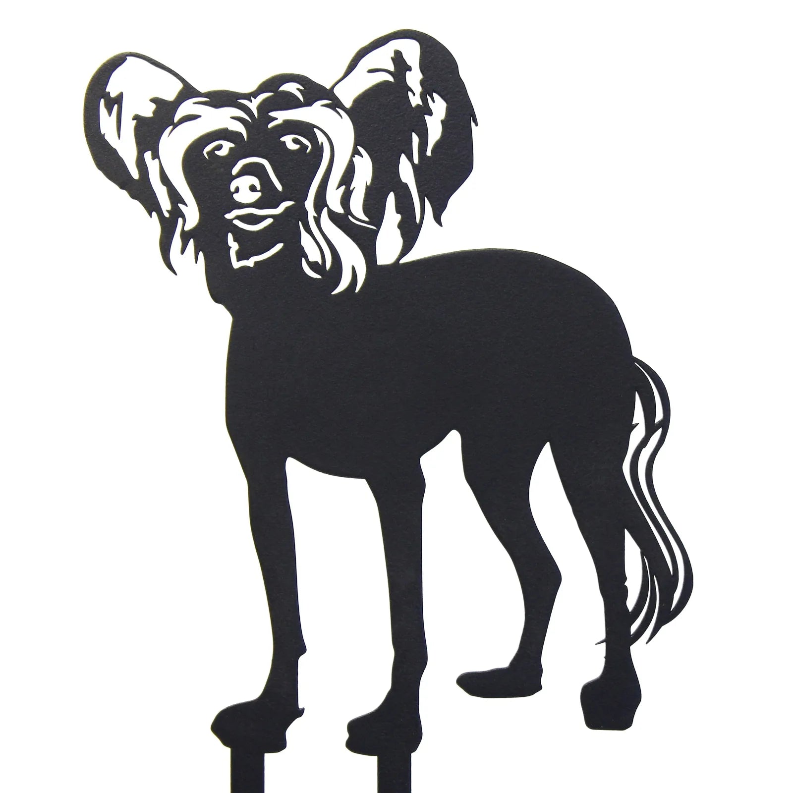 Black metal silhouette of a Chinese Crested dog with detailed features, designed for outdoor display in gardens or patios.