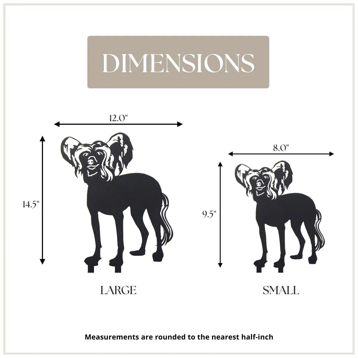 Dimensions of a black metal silhouette of a Chinese Crested dog, showing large (14.5") and small (9.5") sizes with measure...