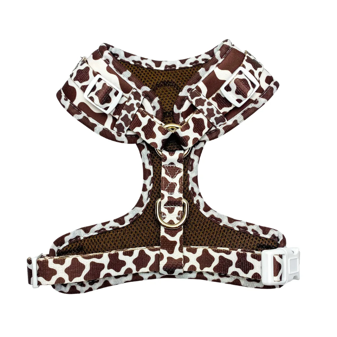 Chocolate cow print adjustable harness by EverWoof with breathable lining and adjustable straps for comfort.