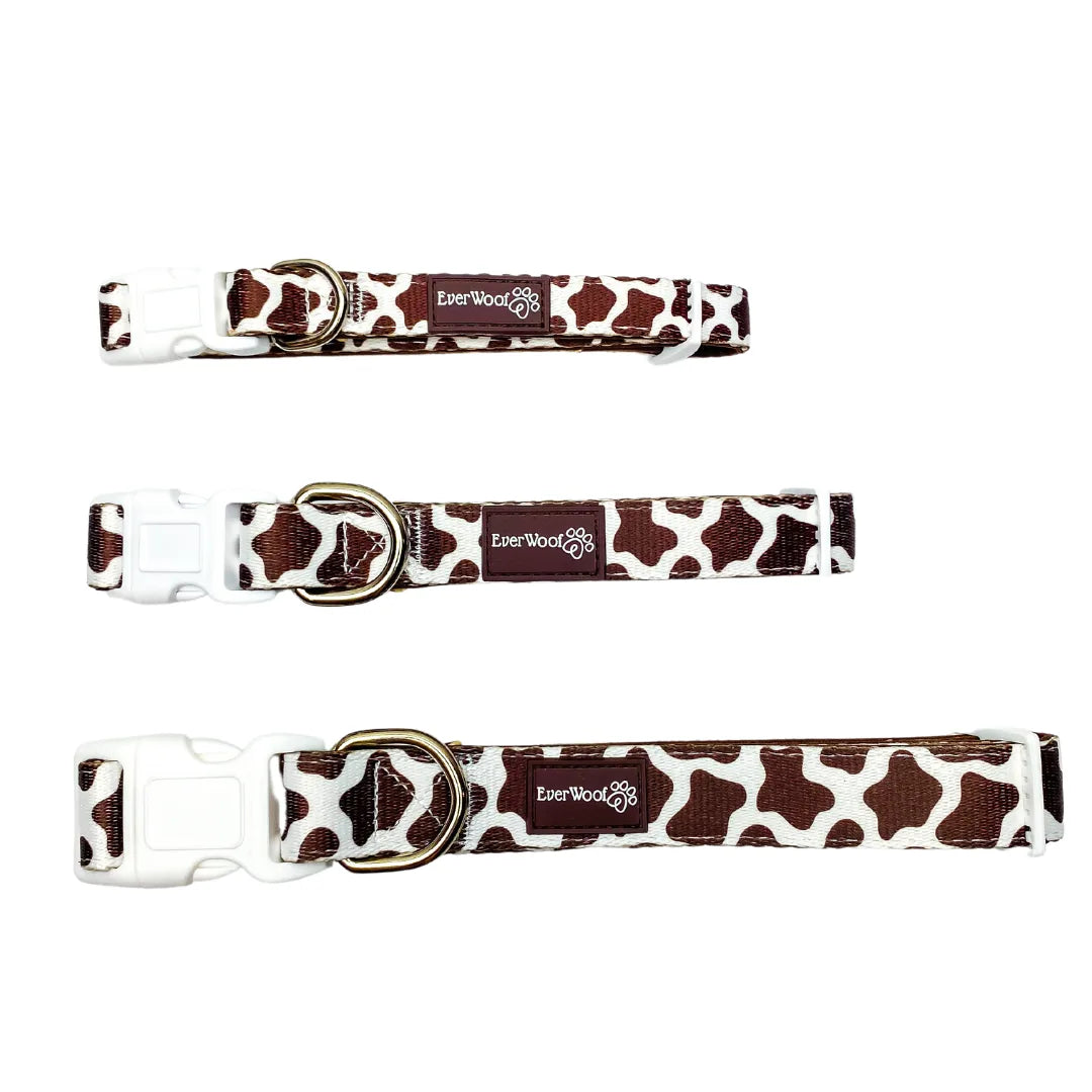 Adjustable Chocolate Cow Collar by EverWoof with neoprene padding and durable polyester webbing in a playful brown and whi...