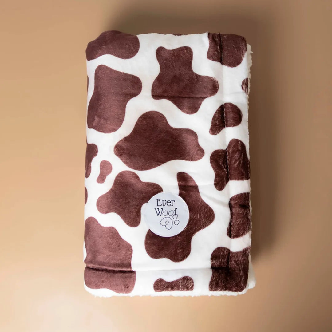 Soft chocolate cow print blanket by EverWoof with cream sherpa backing, perfect for cozying up with your dog.