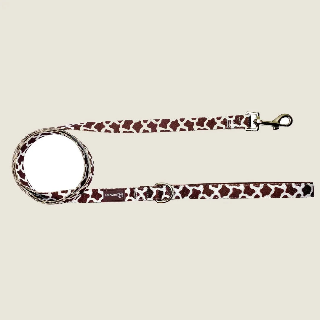 Chocolate Cow leash by EverWoof, featuring a brown and white cow print design, made of durable polyester webbing.