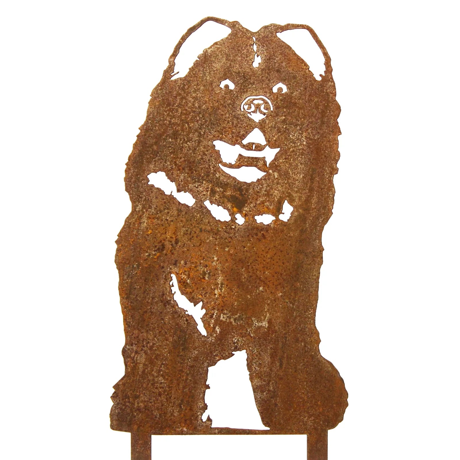 Rusty metal silhouette of a Chow Chow dog, showcasing its distinct features, perfect for outdoor decor.