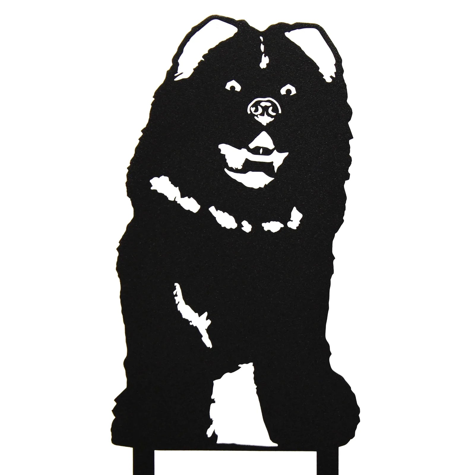 Black metal silhouette of a Chow Chow dog, showcasing its distinctive fluffy coat and facial features, ideal for outdoor d...