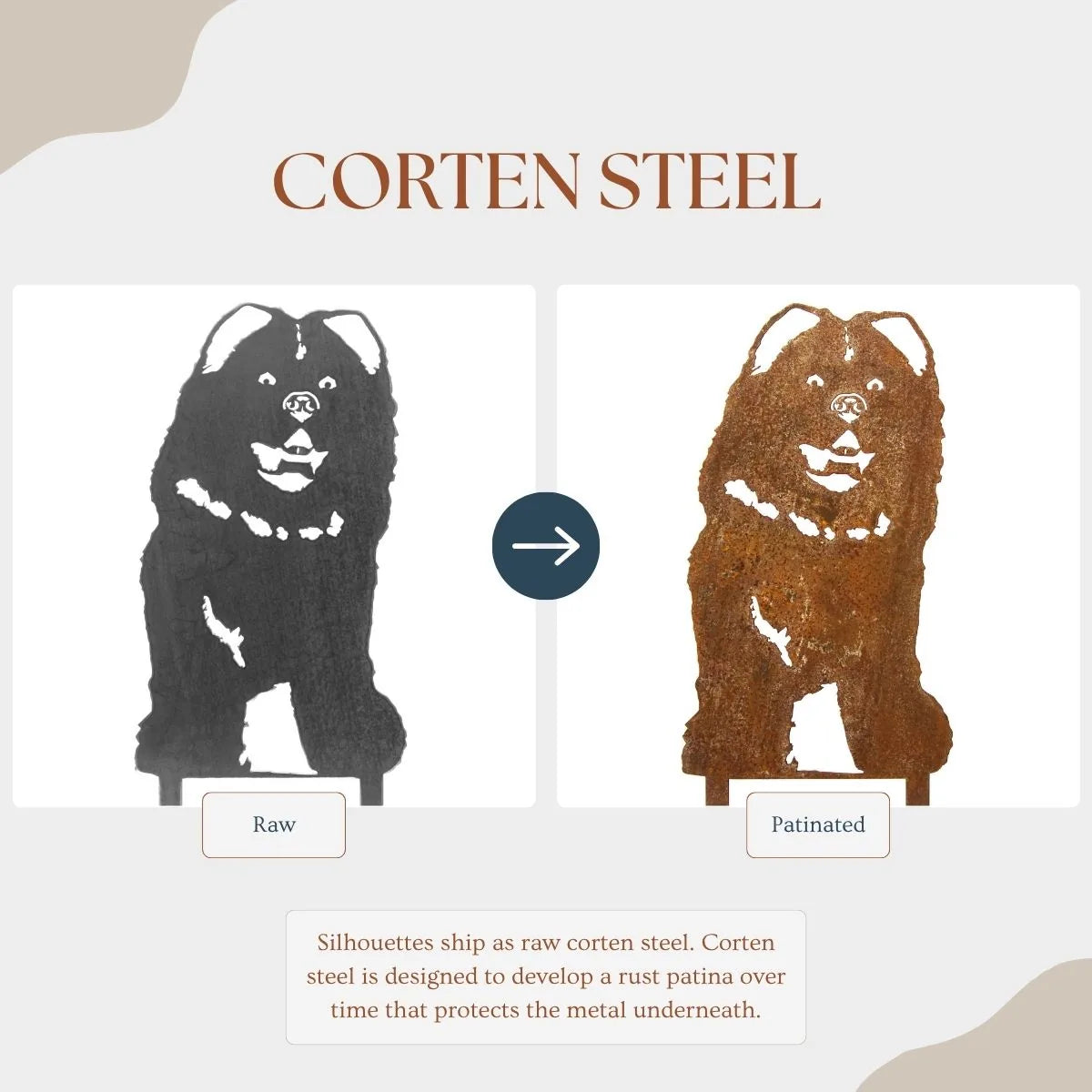 Chow Chow metal silhouette showing raw Corten steel on the left and a rustic patina finish on the right.