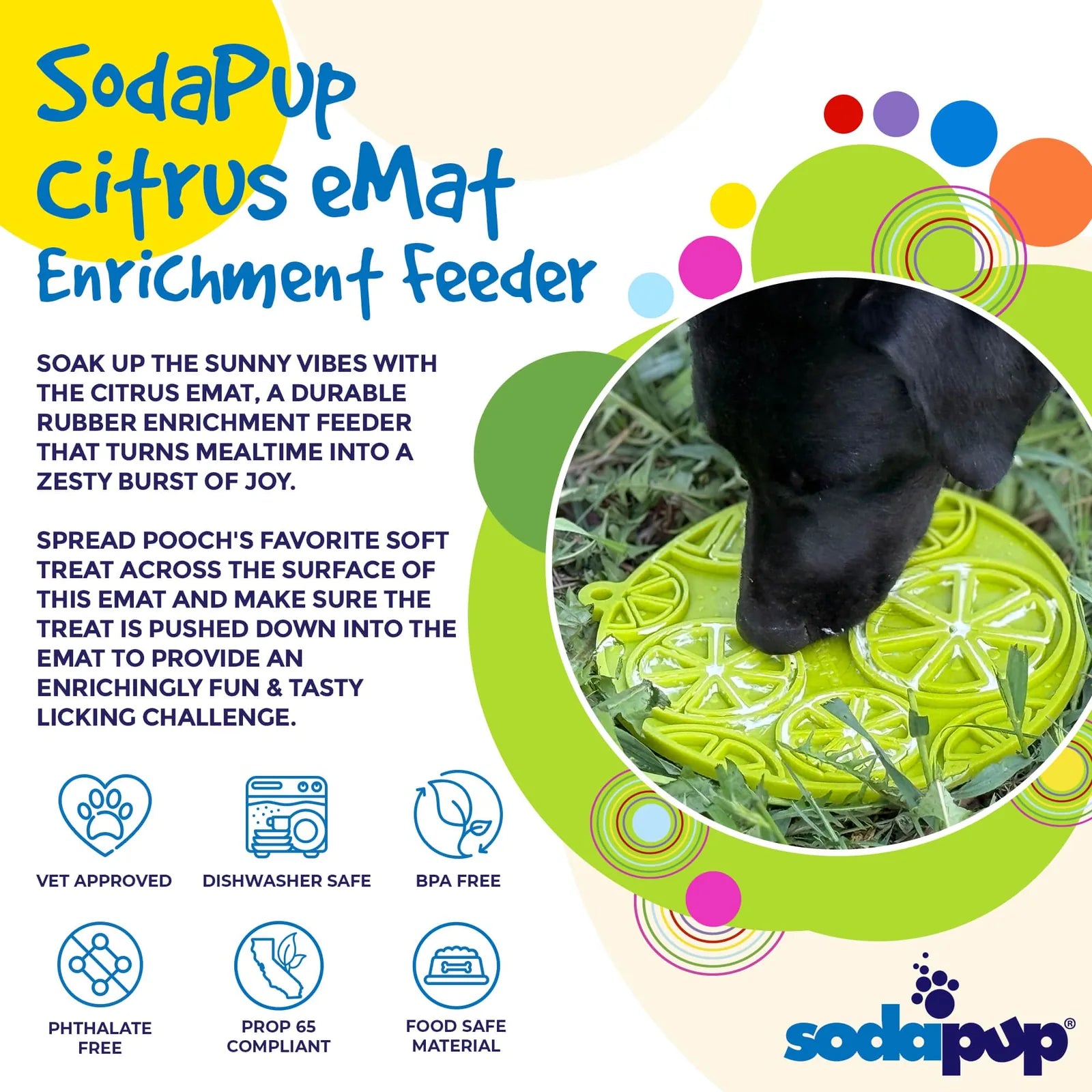 Lime green citrus design lick mat with textured patterns, suctioning securely to surfaces during pet feeding or grooming.
