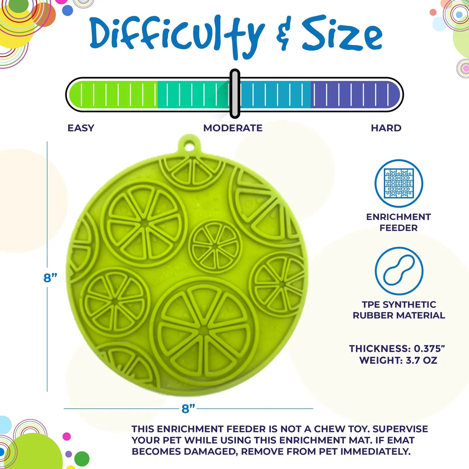 Citrus design lick mat in lime green, featuring textured citrus slices, with suction cups for secure attachment.
