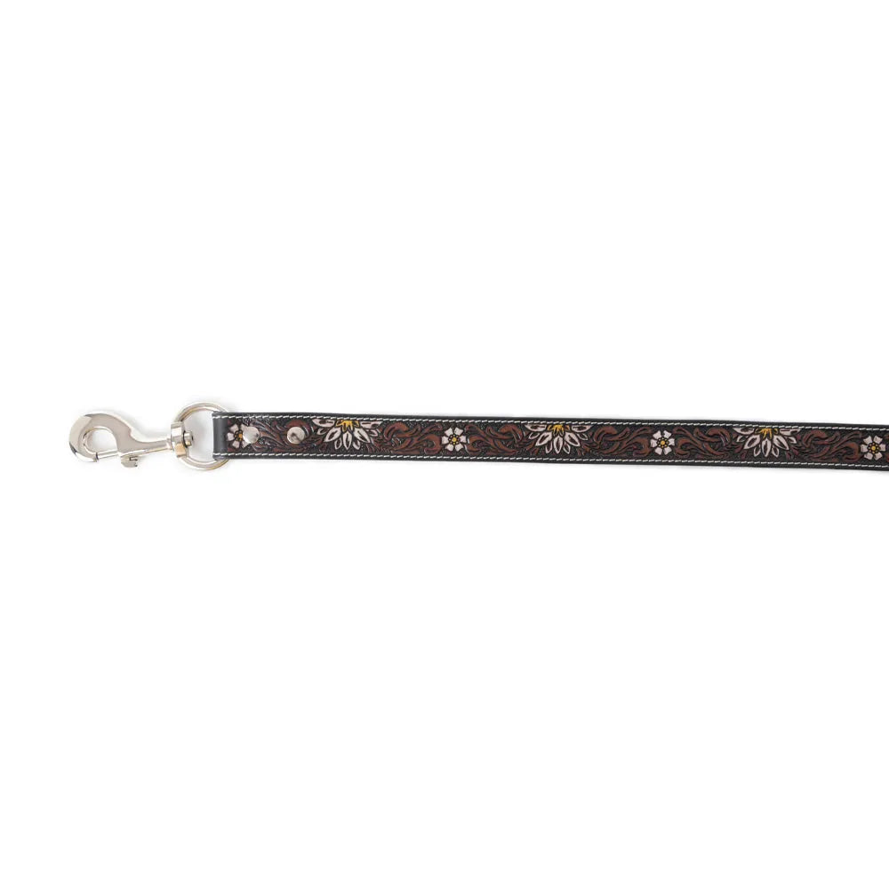 Hand-tooled black leather dog leash with floral embossing and metallic accents, featuring a durable silver clip.
