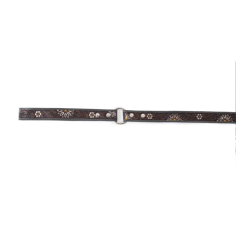 Black leather dog leash featuring floral embossing and metallic accents, designed for stylish everyday walks.