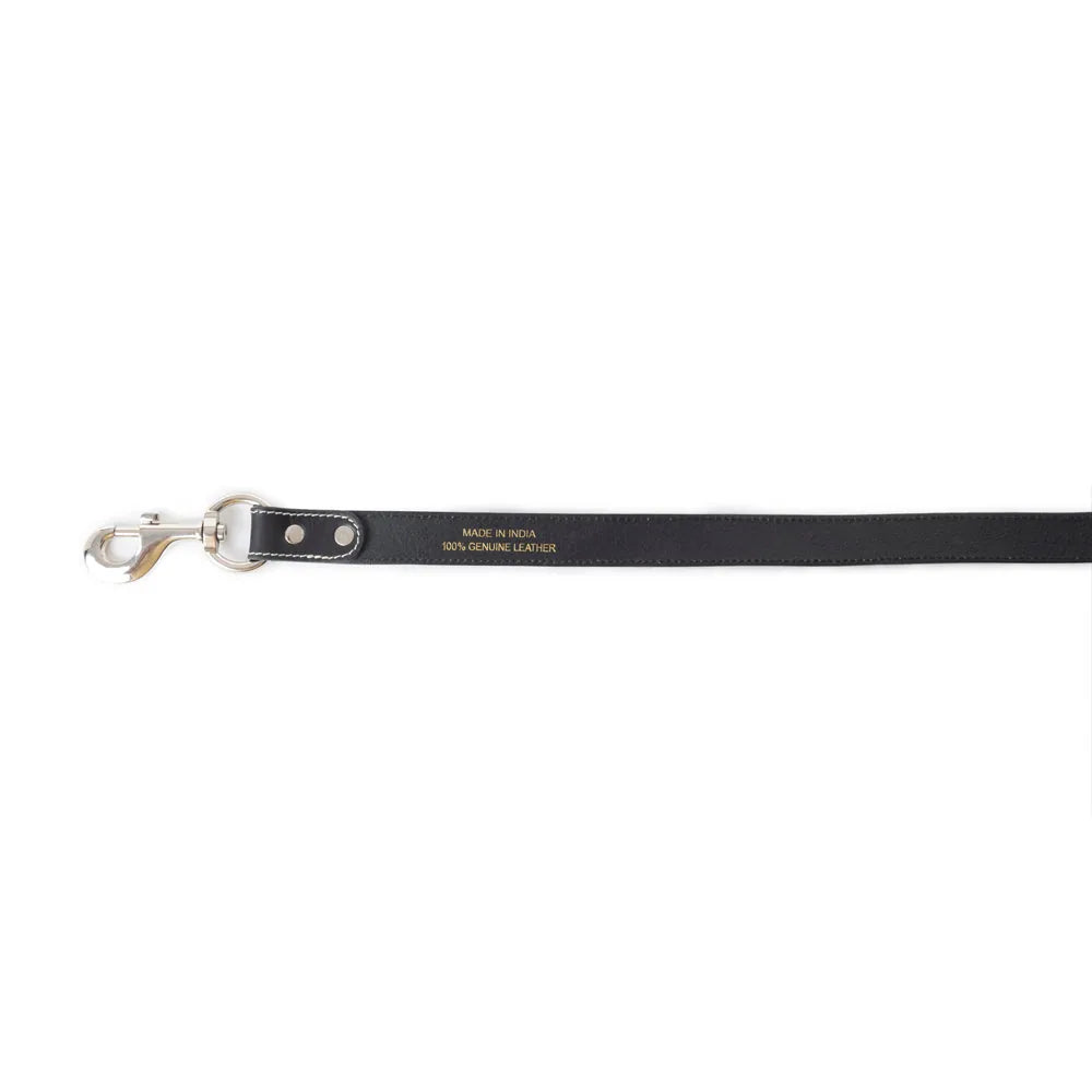 Black leather dog leash with a sleek design, featuring silver hardware and embossed text on the strap.