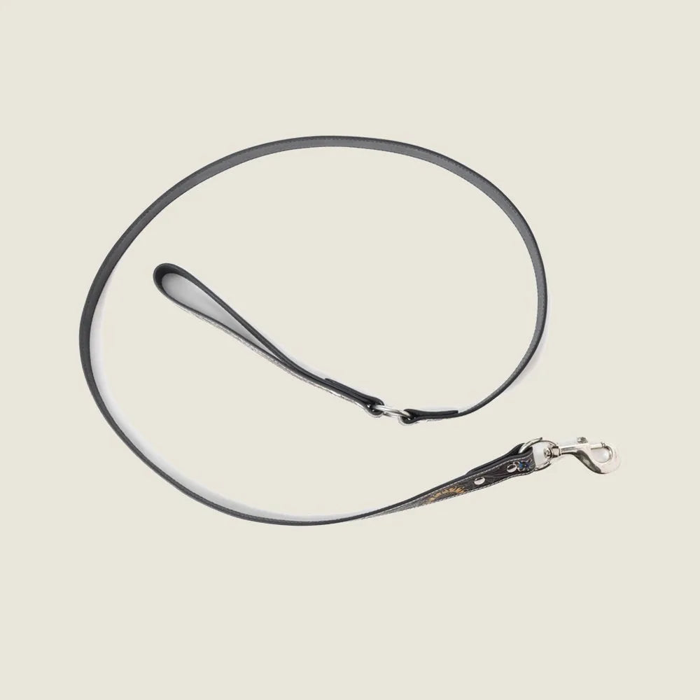 Hand-tooled dark brown leather dog leash with floral embossing and metallic accents, featuring a sturdy clip and braided b...
