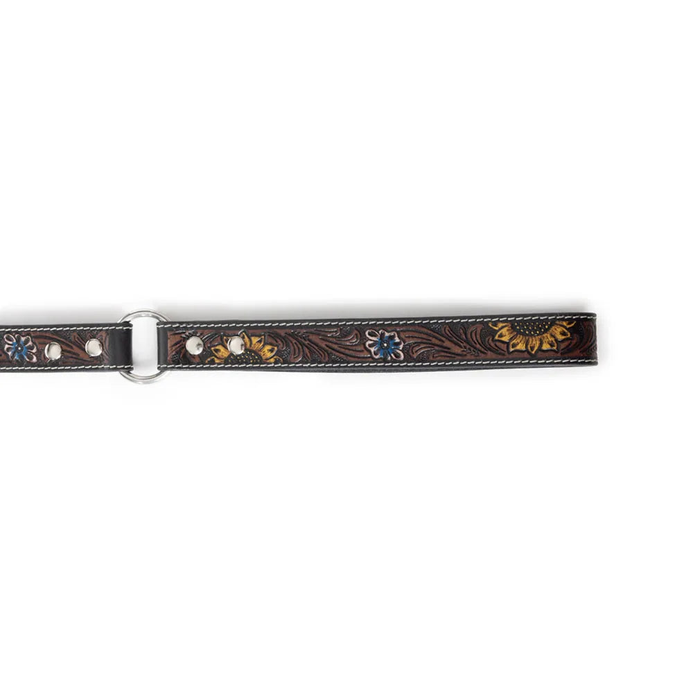 Hand-tooled dark brown leather dog leash with floral embossing and metallic accents. Durable with a braided border.