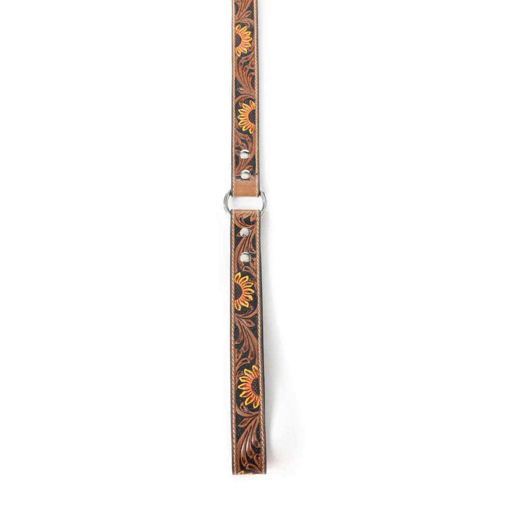 Light brown leather dog leash featuring floral embossing and metallic accents, perfect for stylish walks.