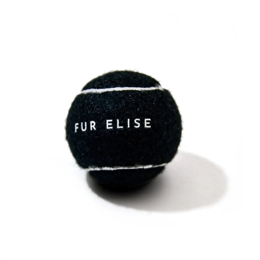 Classic black tennis ball with white stripes and "FUR ELISE" text, made from pet-safe materials for dog play.