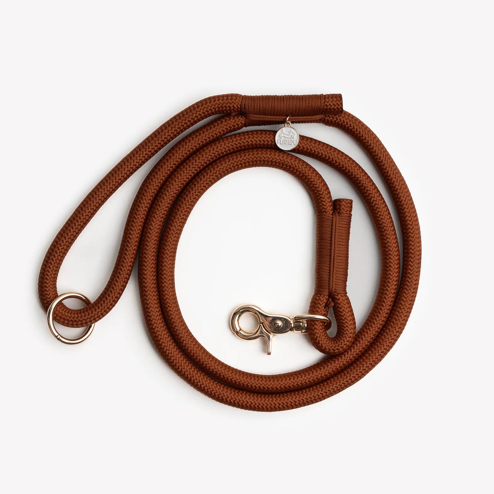 Brown braided nylon rope leash with an O-ring and a gold-tone clip, designed for durability and comfort during walks.