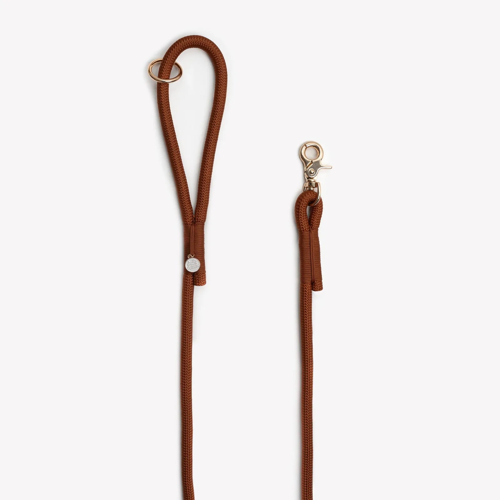 Brown braided rope leash by FURLOU featuring a comfortable handle and O-ring for accessories. Ideal for daily dog walks.