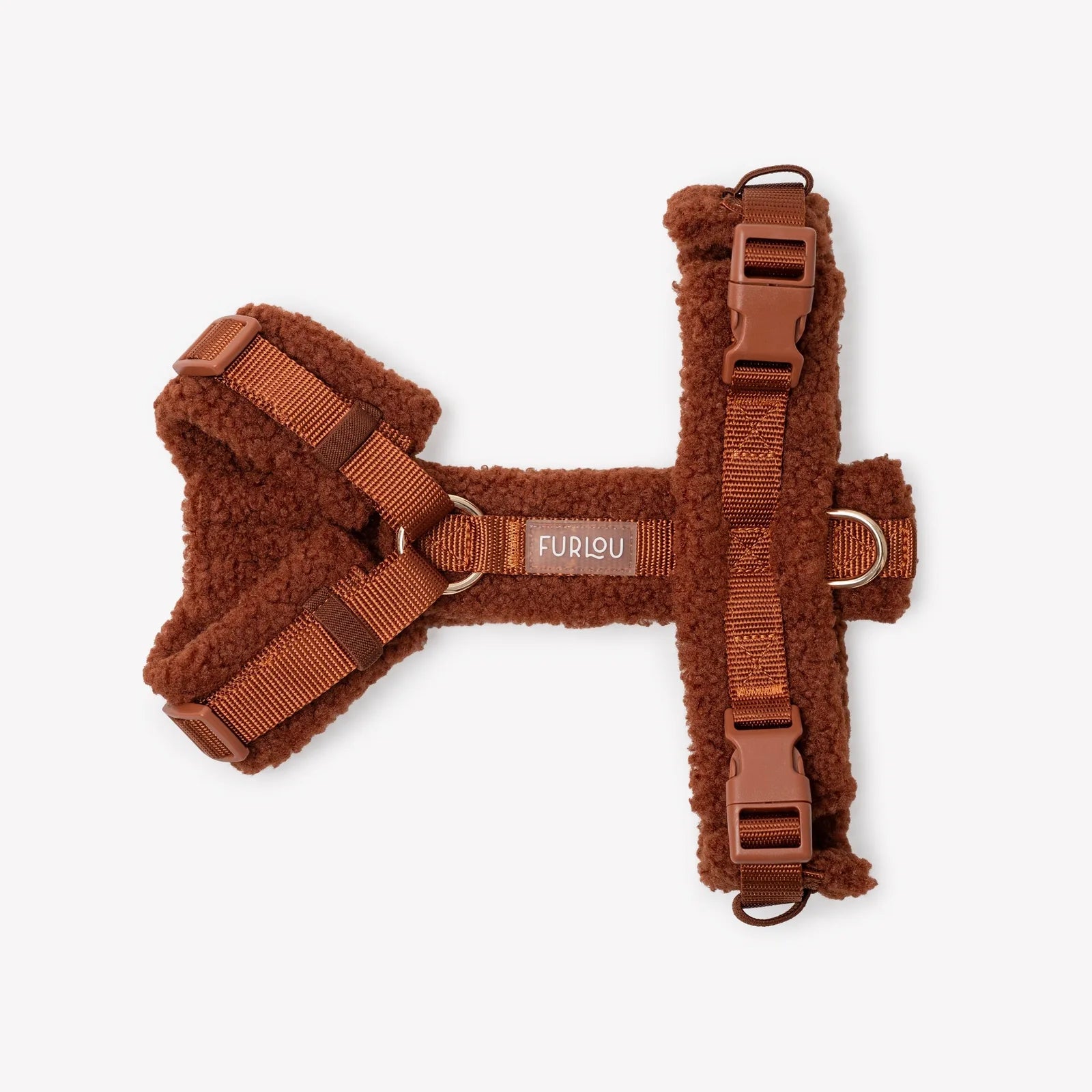 Warm brown sherpa dog harness with adjustable straps and gold details by FURLOU, designed for comfort during walks.