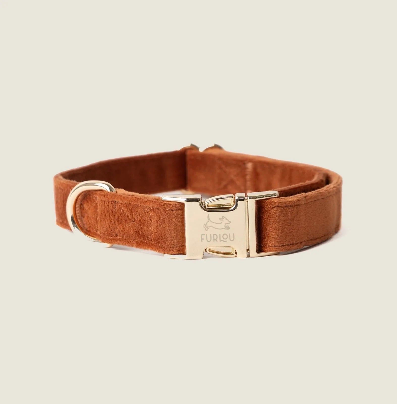 Clay velvet dog collar by FURLOU with gold clasp and D-ring, featuring a soft texture in warm brown.