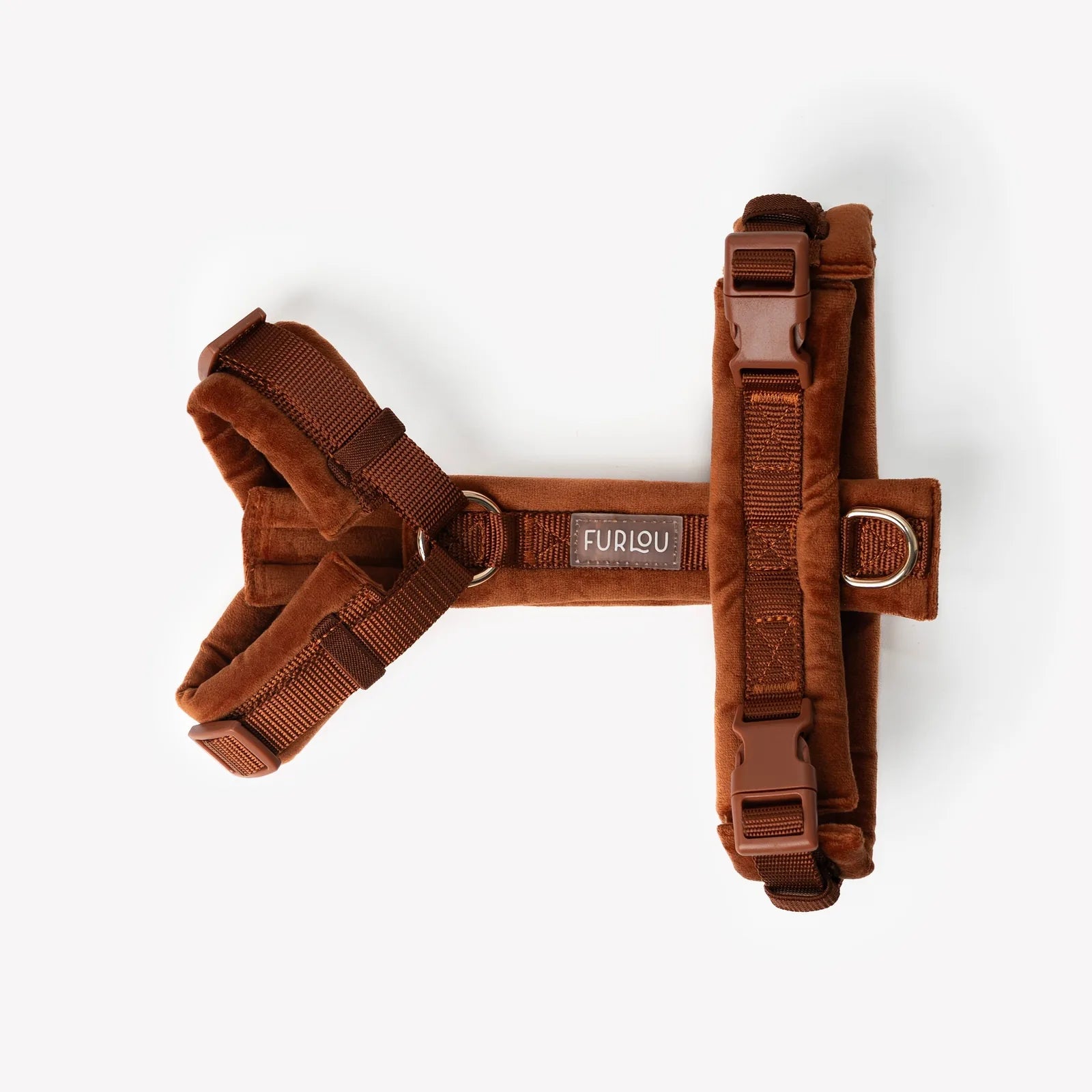 Clay velvet dog harness by FURLOU, featuring plush fabric, adjustable straps, and gold hardware in a warm brown color.