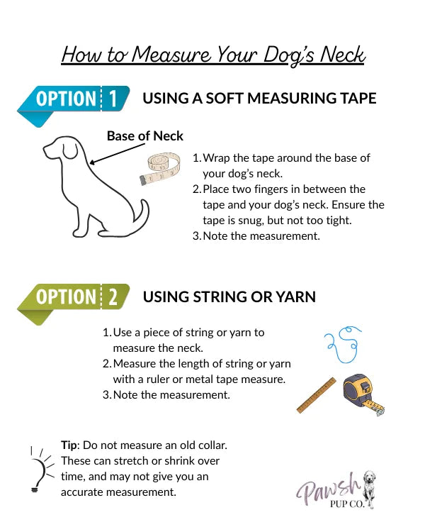 Instructions for measuring your dog's neck with a soft measuring tape or string for a proper collar fit.