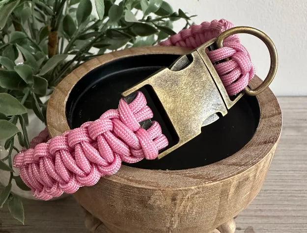 Handmade pink and white braided dog collar with a brass buckle, sitting in a wooden bowl among greenery.