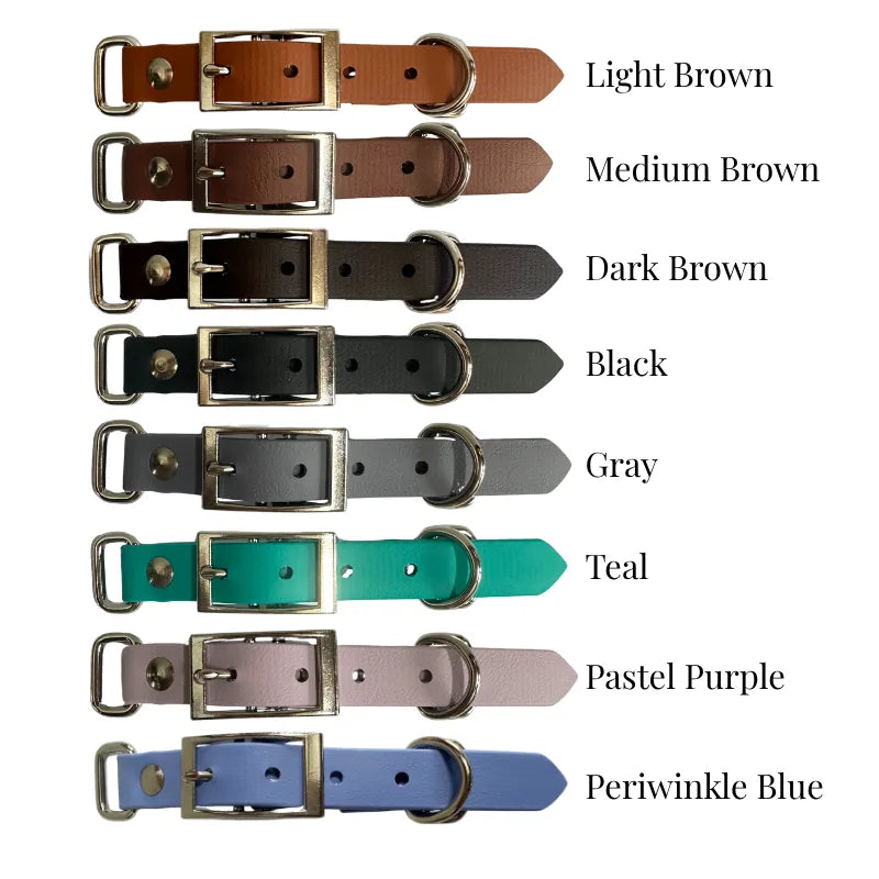 Handmade dog collars in colors including light brown, black, teal, and pastel purple, featuring metal buckles and D-rings.