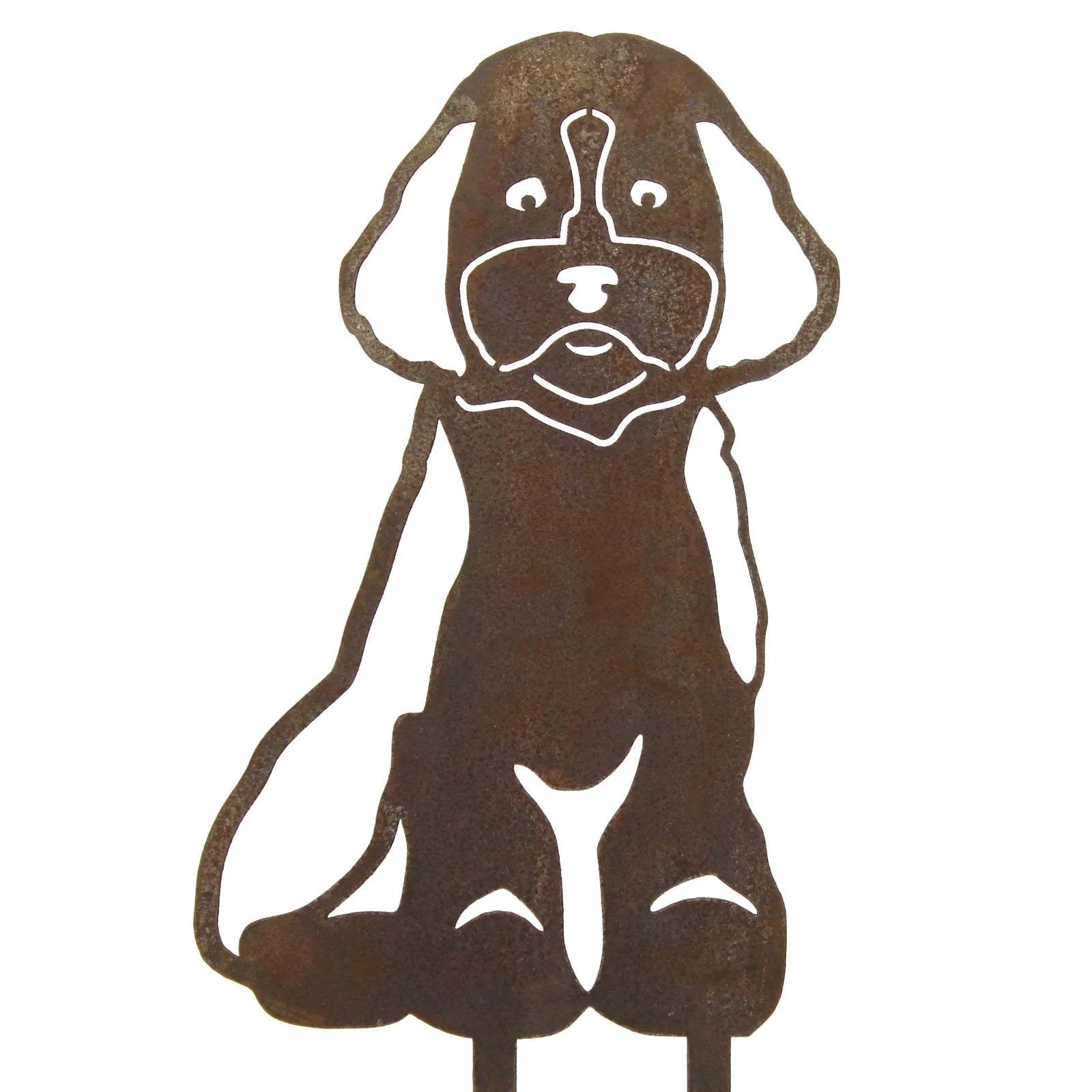 Rusty metal silhouette of a Cockapoo dog, featuring distinct facial features and a sturdy design for garden decor.