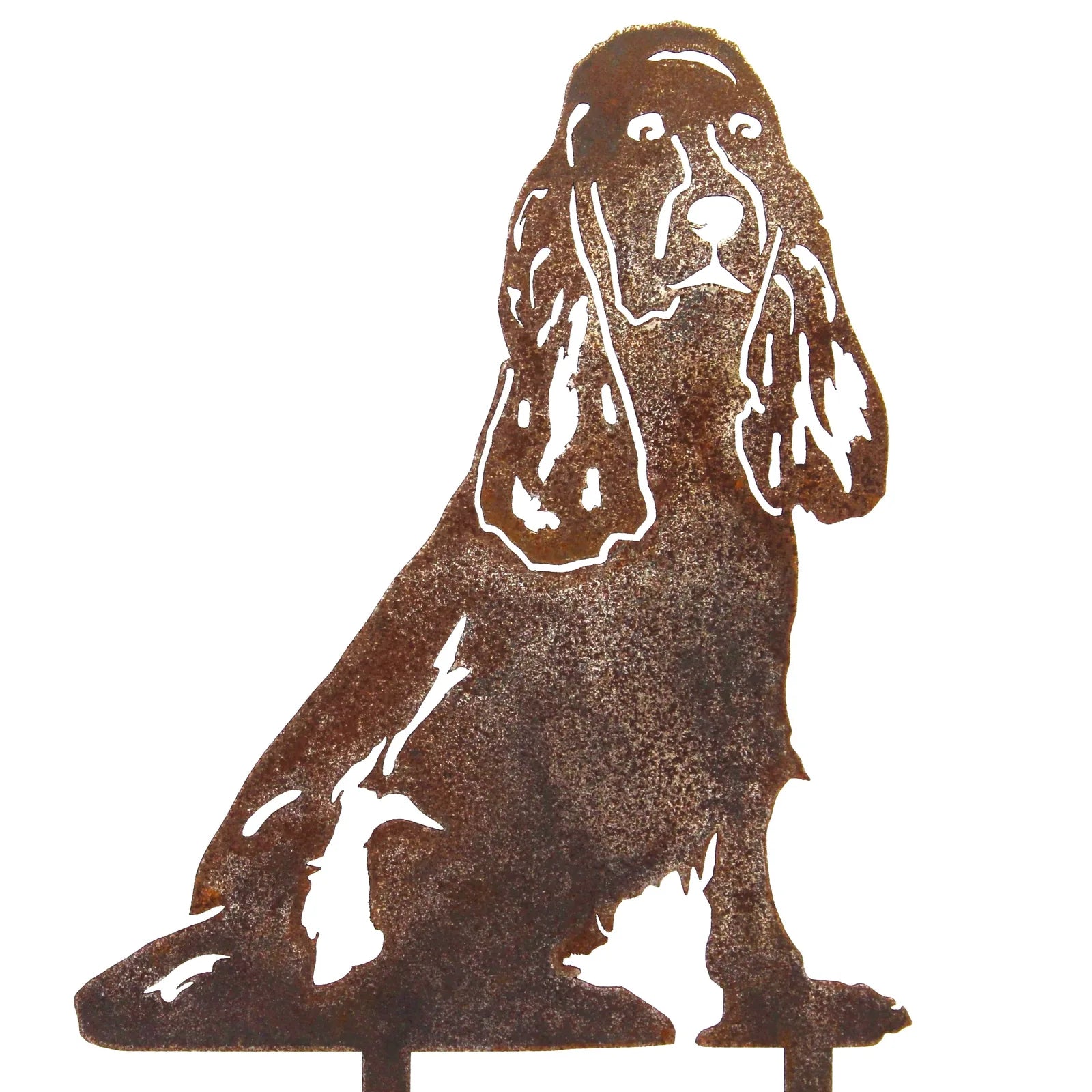 Cocker Spaniel metal silhouette in weathered Corten steel, showcasing detailed features and a seated posture for outdoor d...