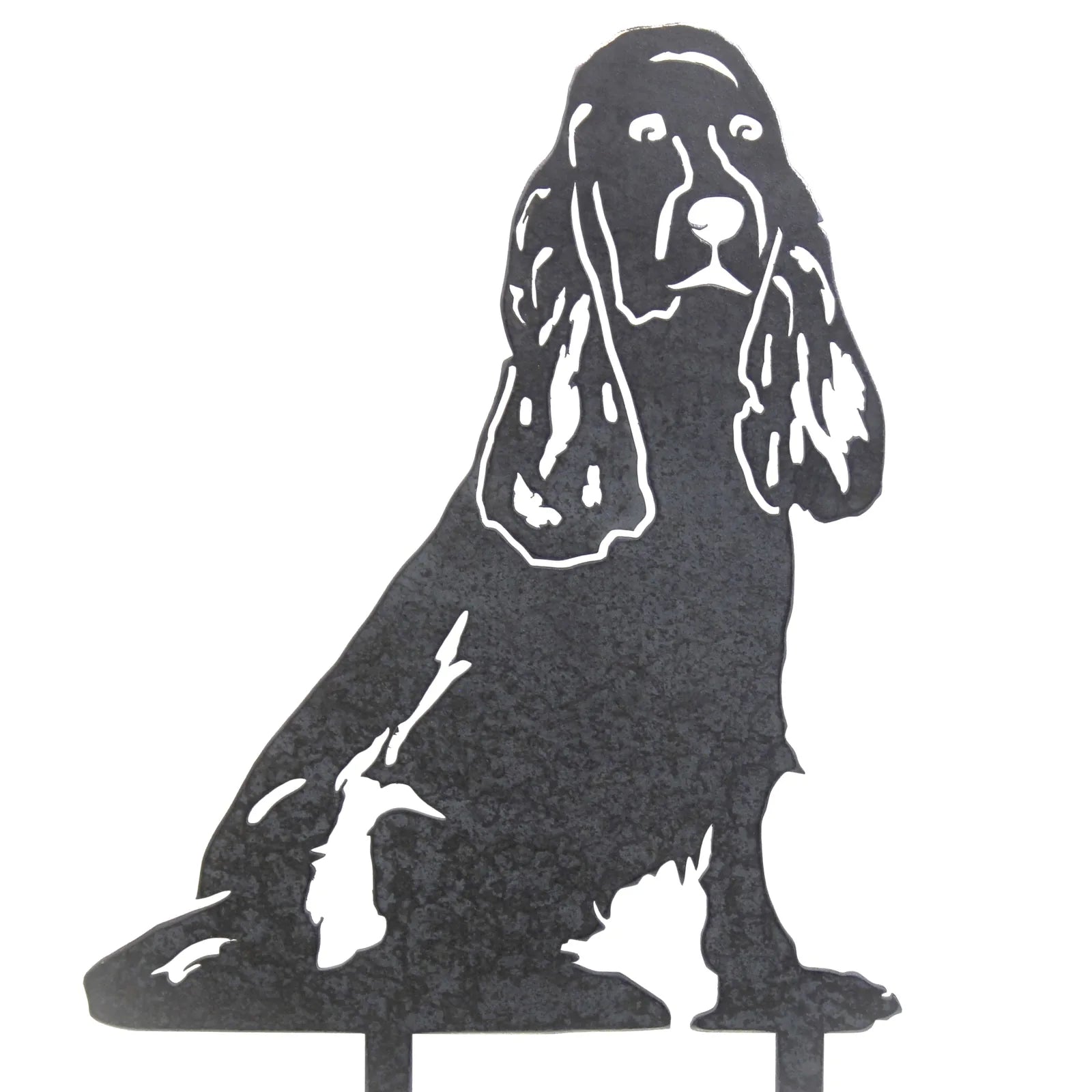 Black Cocker Spaniel metal silhouette wall art with detailed features, ideal for outdoor decor and gardens.