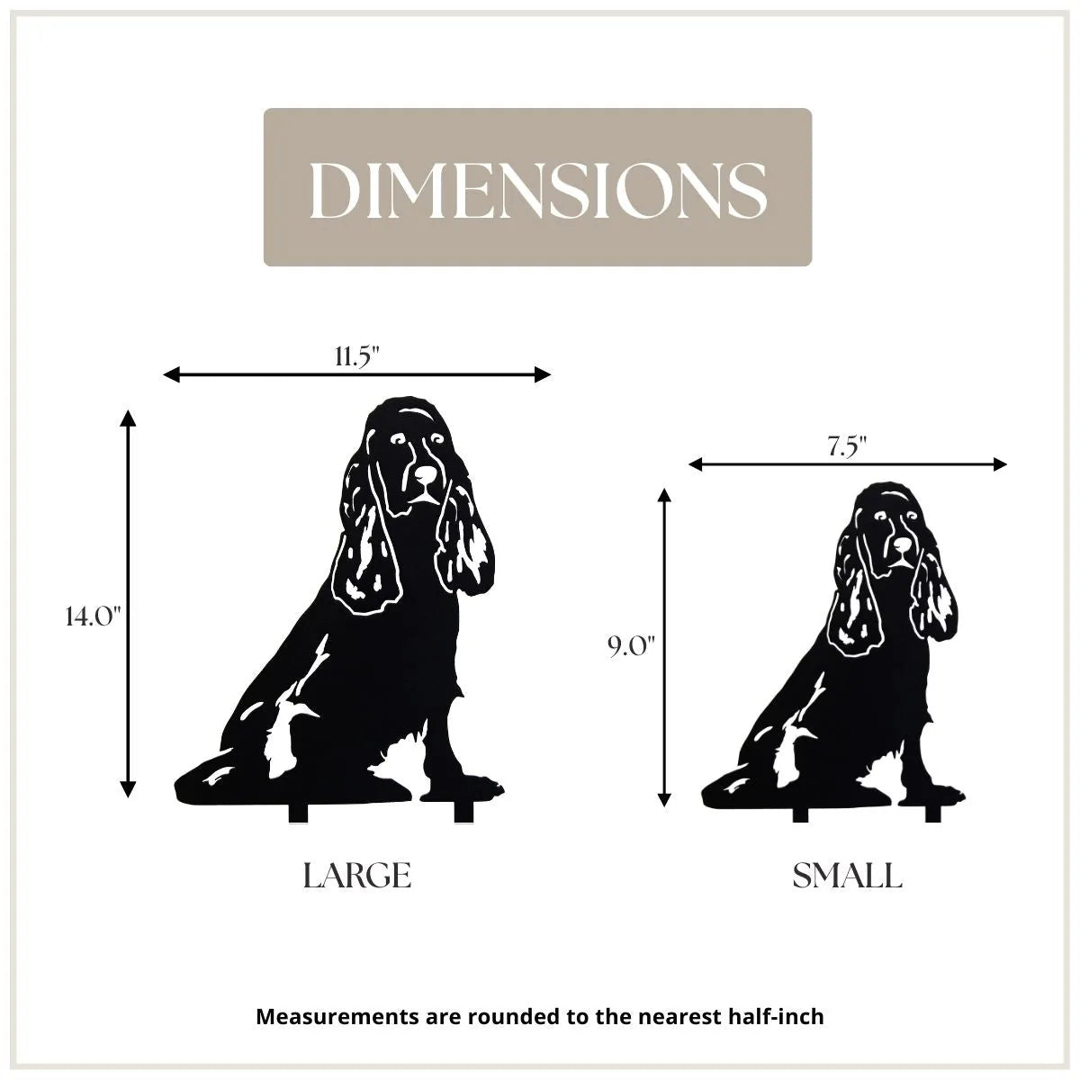 Cocker Spaniel metal silhouette wall art with size dimensions for small and large options in black design.