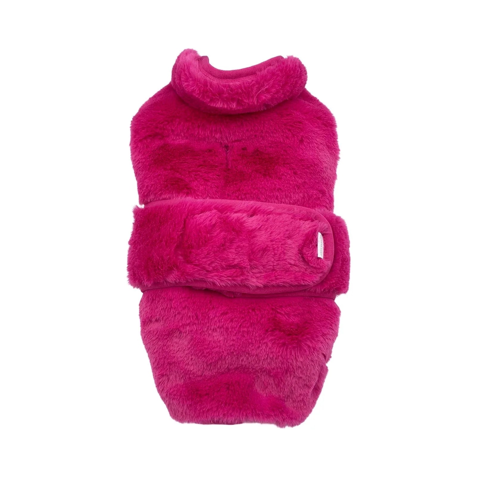 Vibrant hot pink faux fur vest for dogs, featuring a cozy collar and adjustable belt straps for a secure fit.