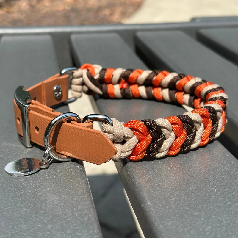 Handmade braided dog collar in burnt orange, walnut brown, and light tan with a light brown adjustable strap.