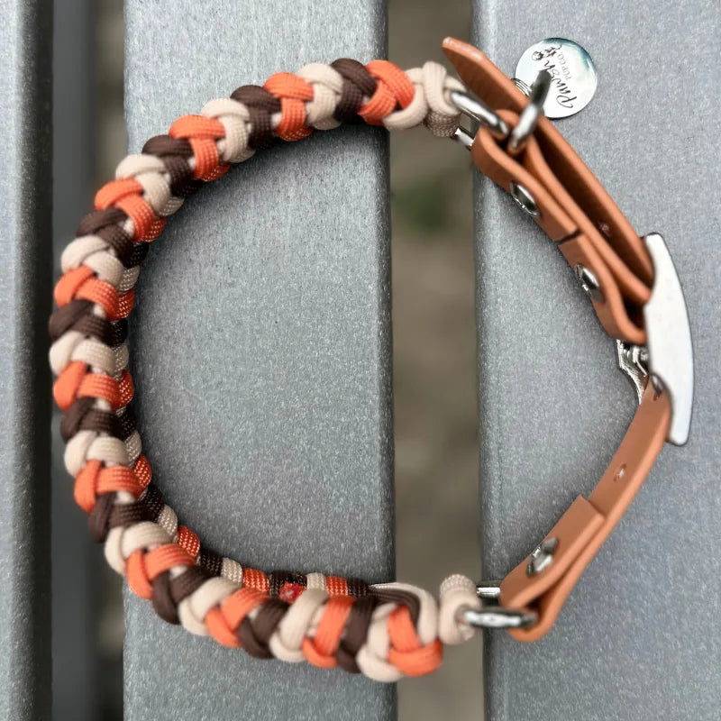 Hand-braided dog collar in burnt orange, walnut brown, and light tan with a light brown adjustable strap.