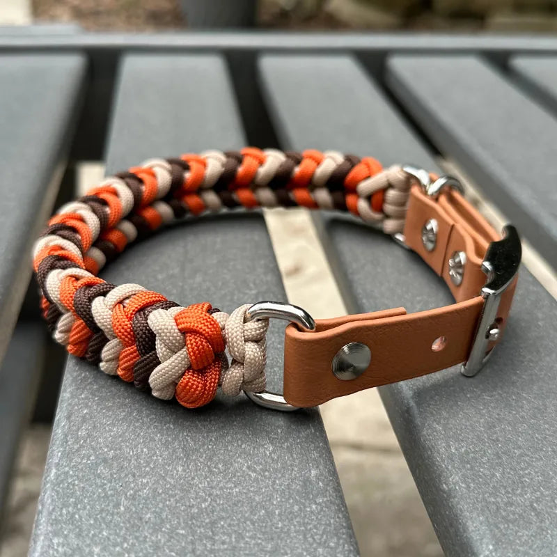Handmade dog collar in burnt orange, walnut brown, and light tan, featuring a braided design and adjustable strap.