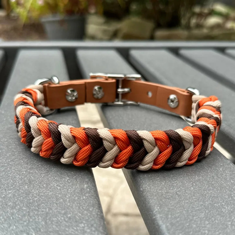 Hand braided dog collar featuring burnt orange, walnut brown, and light tan nylon paracord with a brown adjustable strap.