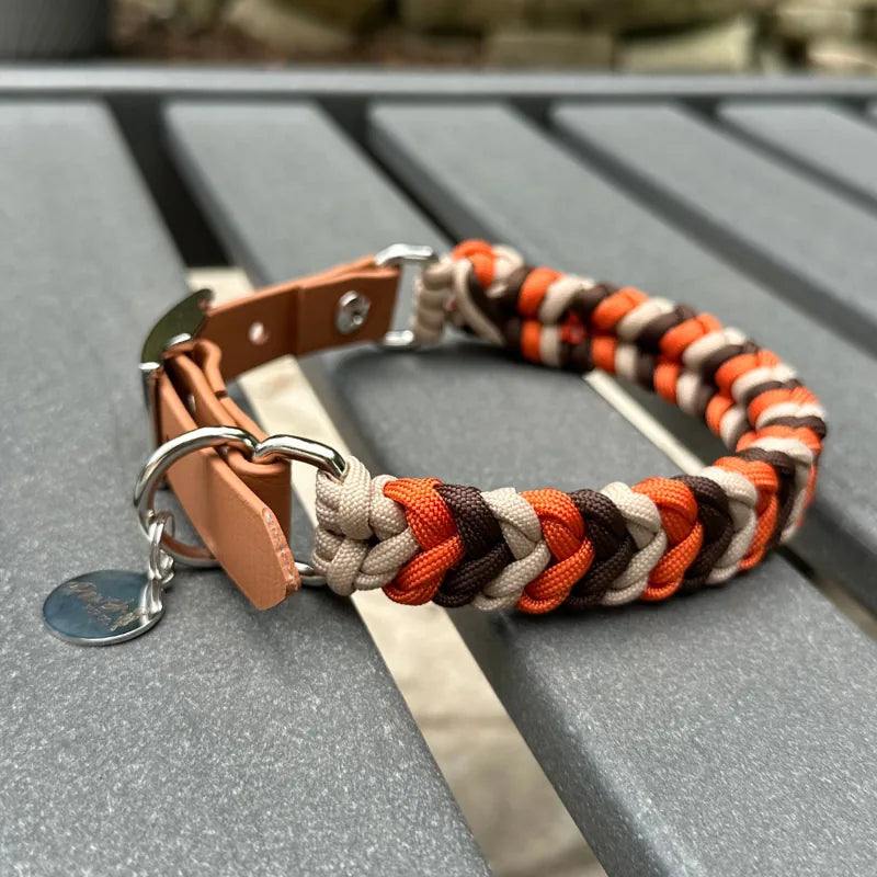 Handmade dog collar in burnt orange, walnut brown, and light tan, featuring a braided design and adjustable strap.