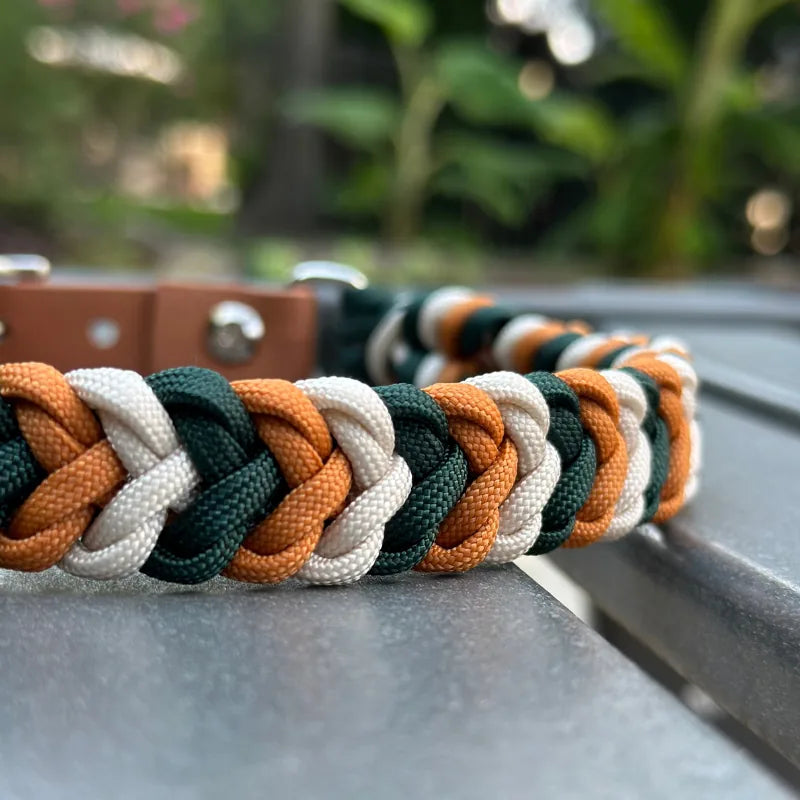 Handmade braided dog collar in hunter green, mustard yellow, and cream, featuring a durable paracord design.