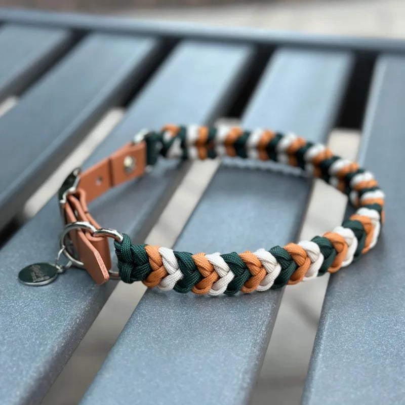Handmade braided dog collar in hunter green, mustard yellow, and cream, featuring a BioThane® adjustable adapter.