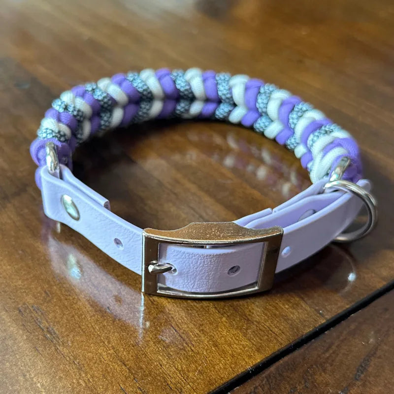 Handmade dog collar featuring lilac, cream, and black diamond pattern, with a pastel purple buckle and sturdy D-ring.