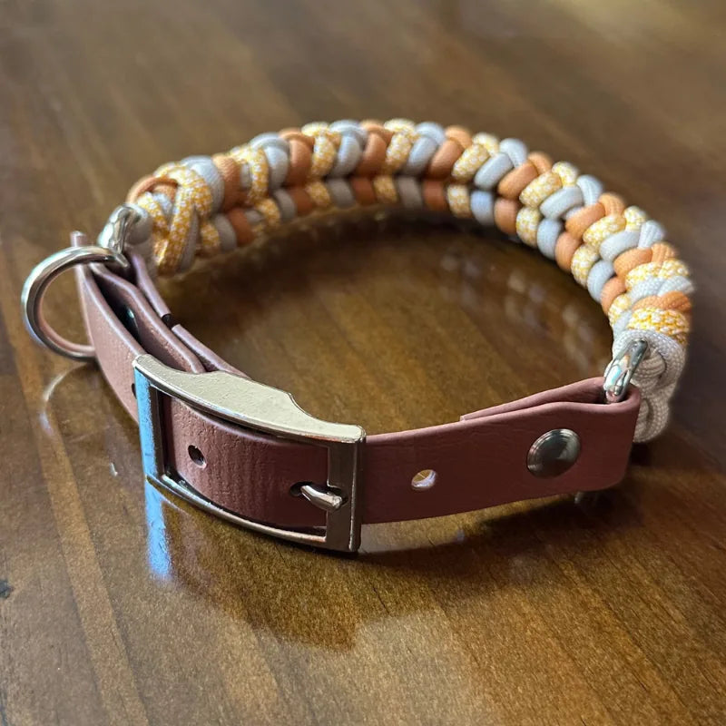 Handmade dog collar in mustard, goldenrod, and light tan colors, featuring a medium brown buckle and nickel-plated hardware.