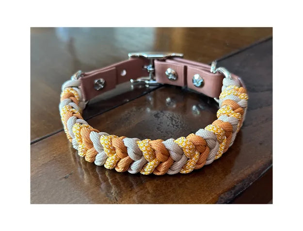 Hand-braided dog collar in mustard yellow, goldenrod, and light tan with brown buckle and silver hardware.